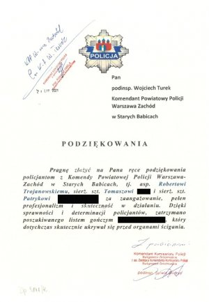 Pismo z podziękowaniami dla policjantów