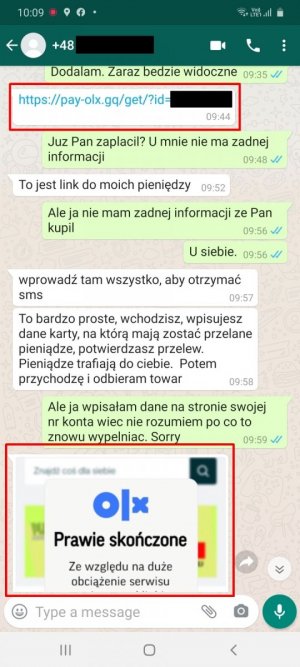 screen rozmowy z oszustwem na WhatsApp