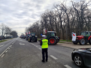 Policjanci zabezpieczają wjazd  kolumny maszyn rolniczych na drogę krajową 92