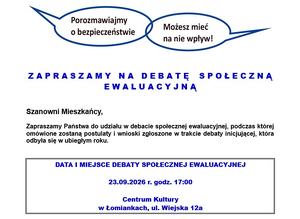 23 września 2026 r. o godz. 17:00 w Centrum Kultury w Łomiankach odbędzie się debata społeczna ewaluacyjna