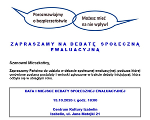 Zaproszenie na  dzień 13 października 2026 r. o godz. 18:00 do Centrum Kultury Izabelin na debatę społeczną ewaluacyjną